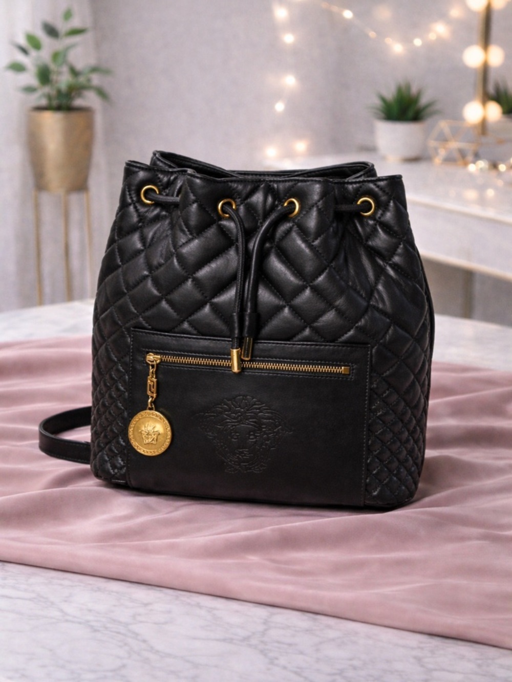 VERSACE Black Quilted Medusa Backpack COA